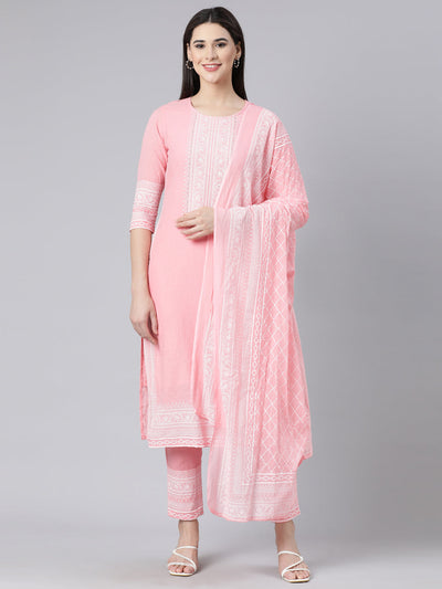 Neerus Pink Panelled Straight Printed Kurta And Trousers With Dupatta