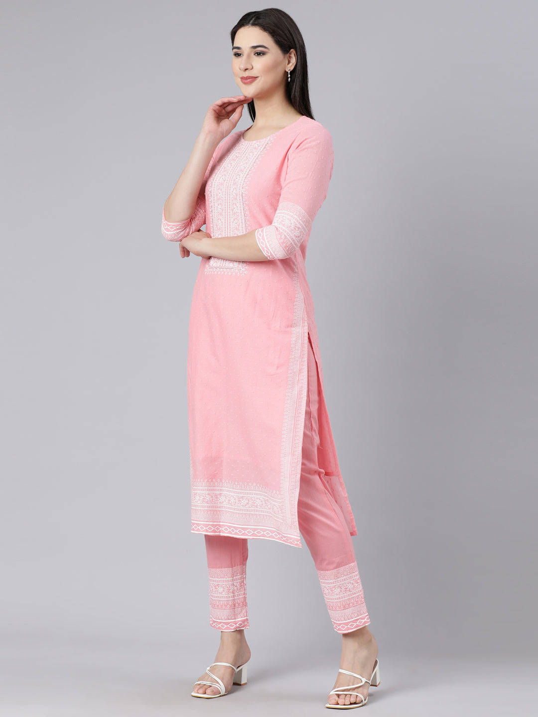 Neerus Pink Panelled Straight Printed Kurta And Trousers With Dupatta