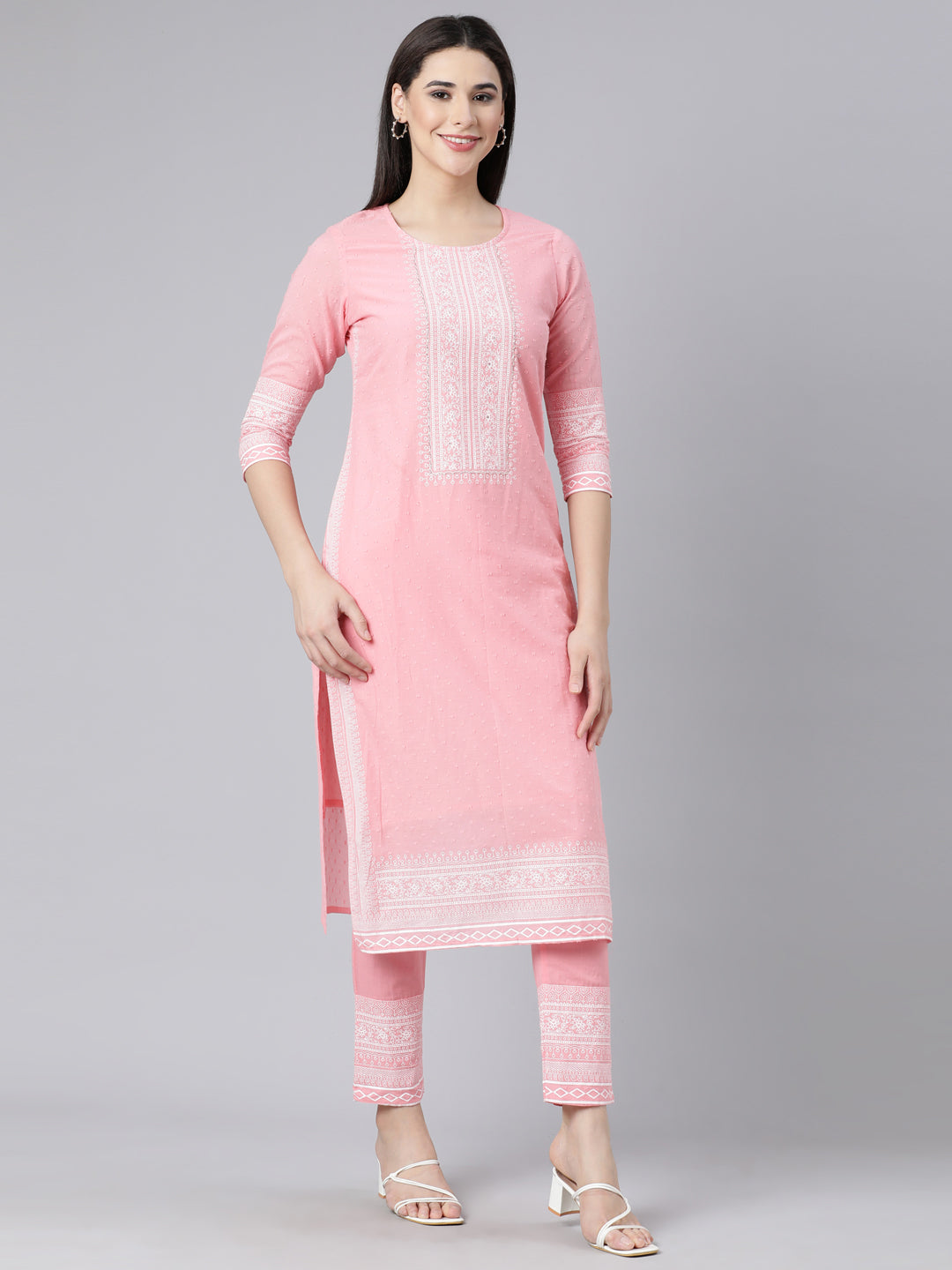 Neerus Pink Panelled Straight Printed Kurta And Trousers With Dupatta