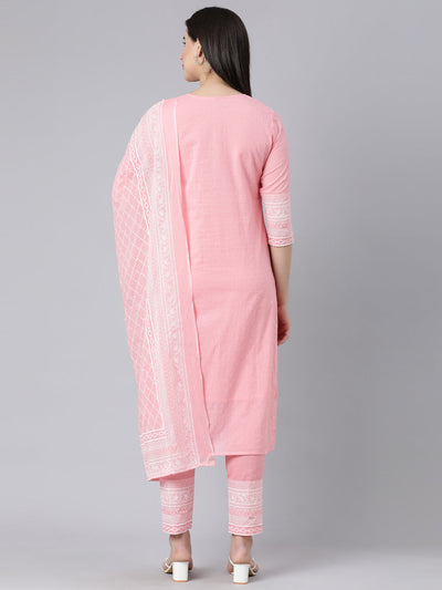 Neerus Pink Panelled Straight Printed Kurta And Trousers With Dupatta