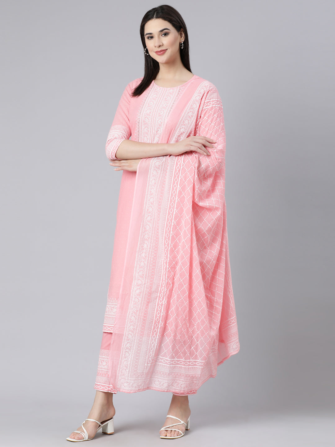 Neerus Pink Panelled Straight Printed Kurta And Trousers With Dupatta