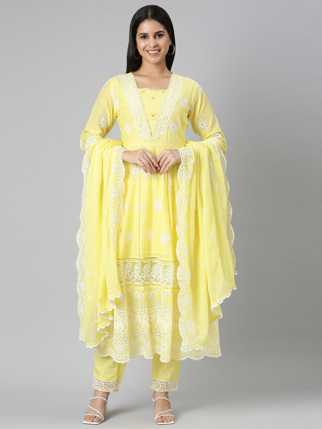 Neerus Yellow Panelled Scalloped  Kurta and Trousers With Dupatta