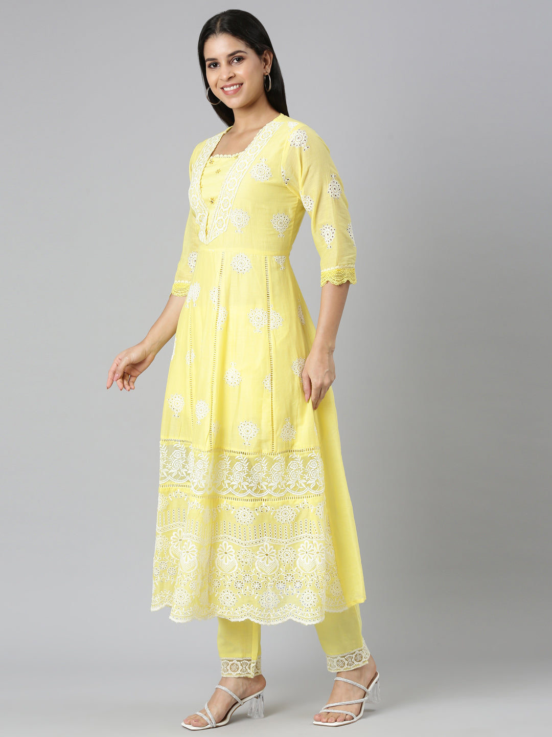 Neerus Yellow Panelled Scalloped  Kurta and Trousers With Dupatta