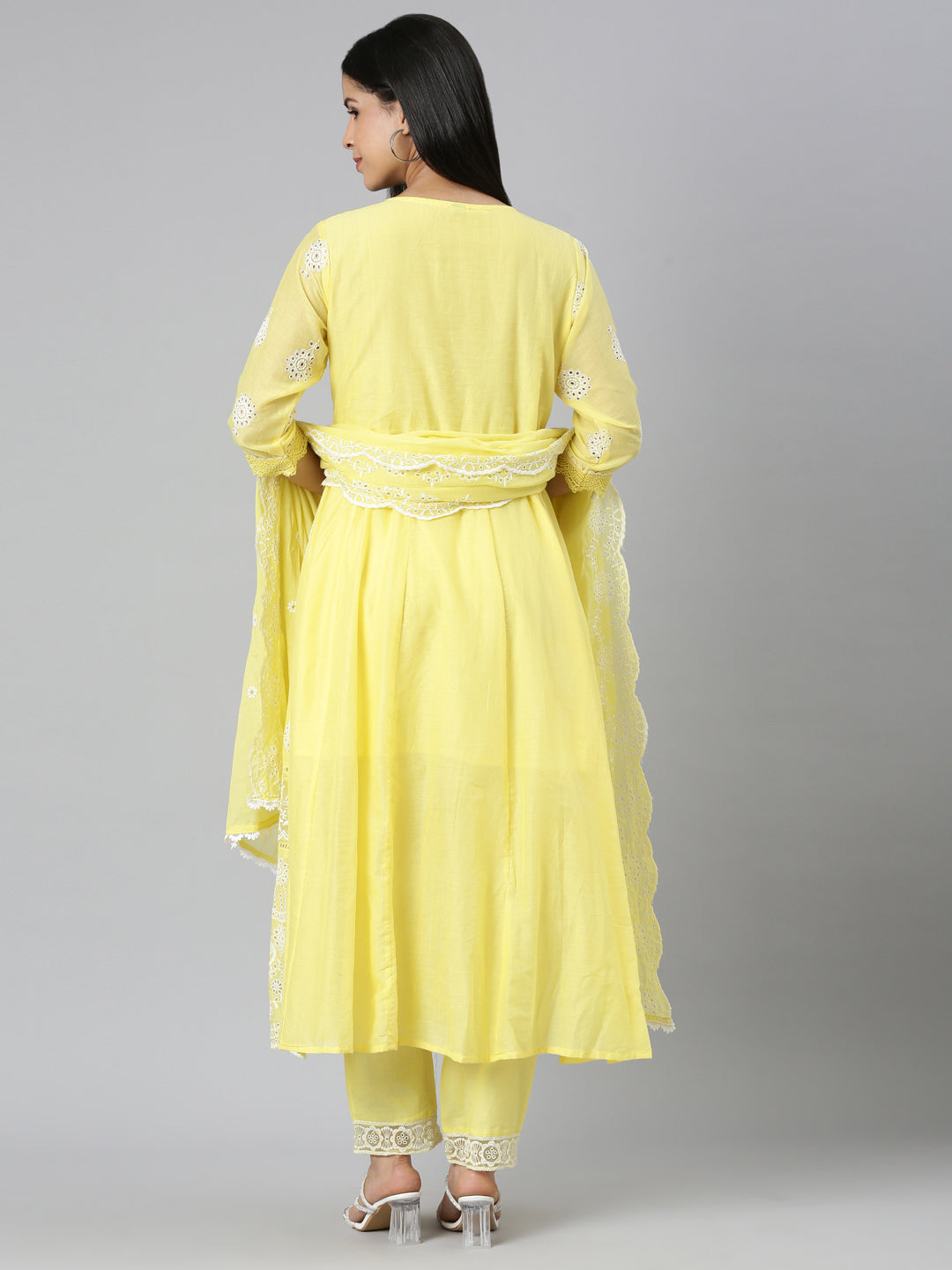 Neerus Yellow Panelled Scalloped  Kurta and Trousers With Dupatta