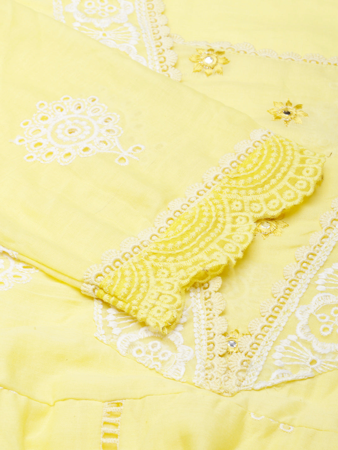 Neerus Yellow Panelled Scalloped  Kurta and Trousers With Dupatta