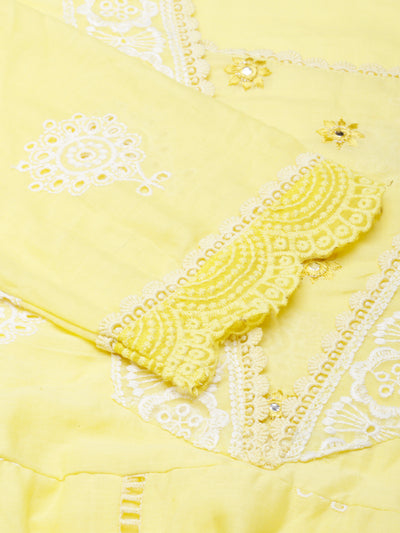 Neerus Yellow Panelled Scalloped  Kurta and Trousers With Dupatta