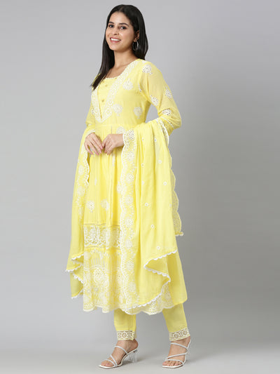 Neerus Yellow Panelled Scalloped  Kurta and Trousers With Dupatta