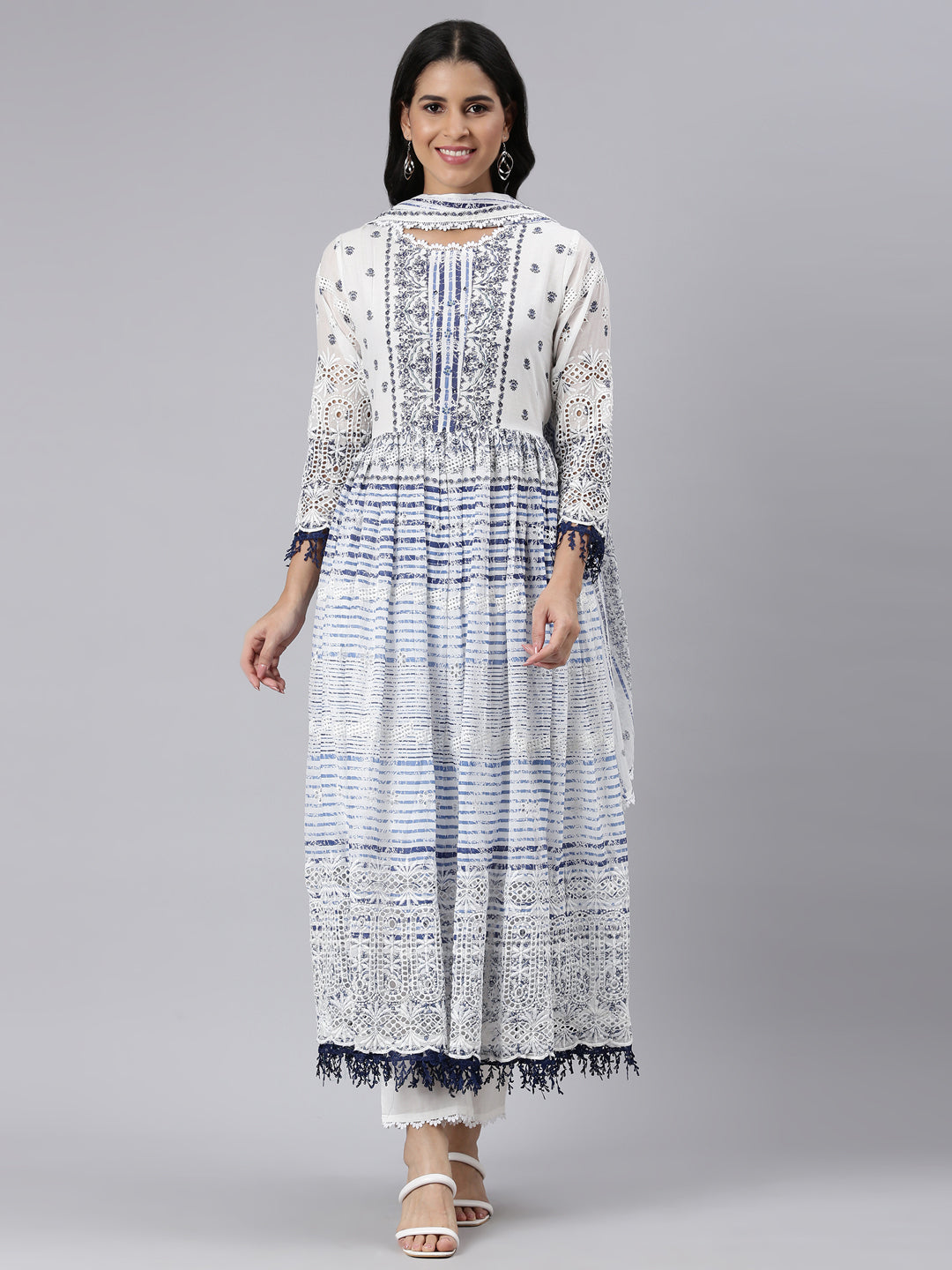 Neerus Blue Pleated Curved Printed Kurta and Trousers With Dupatta