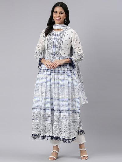 Neerus Blue Pleated Curved Printed Kurta and Trousers With Dupatta