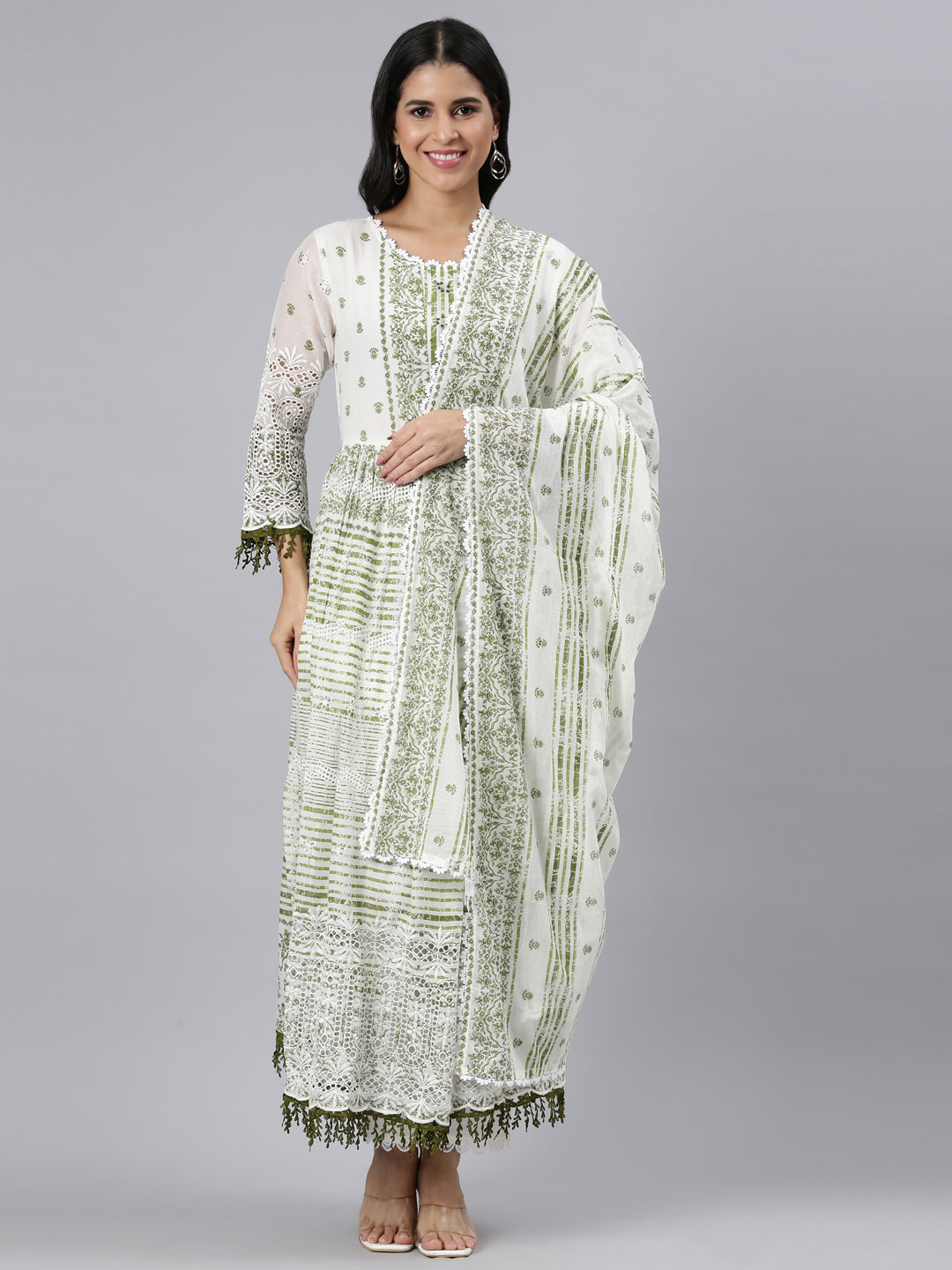 Neerus Green Pleated Curved Printed Kurta and Trousers With Dupatta