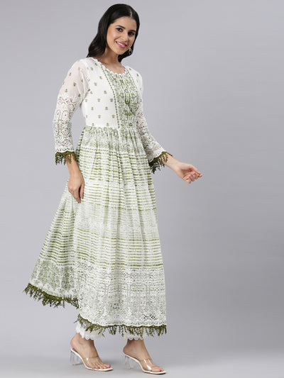 Neerus Green Pleated Curved Printed Kurta and Trousers With Dupatta