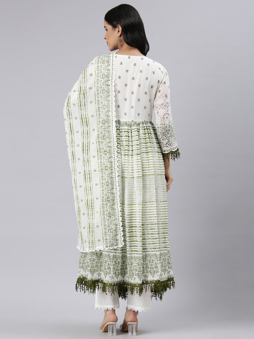 Neerus Green Pleated Curved Printed Kurta and Trousers With Dupatta