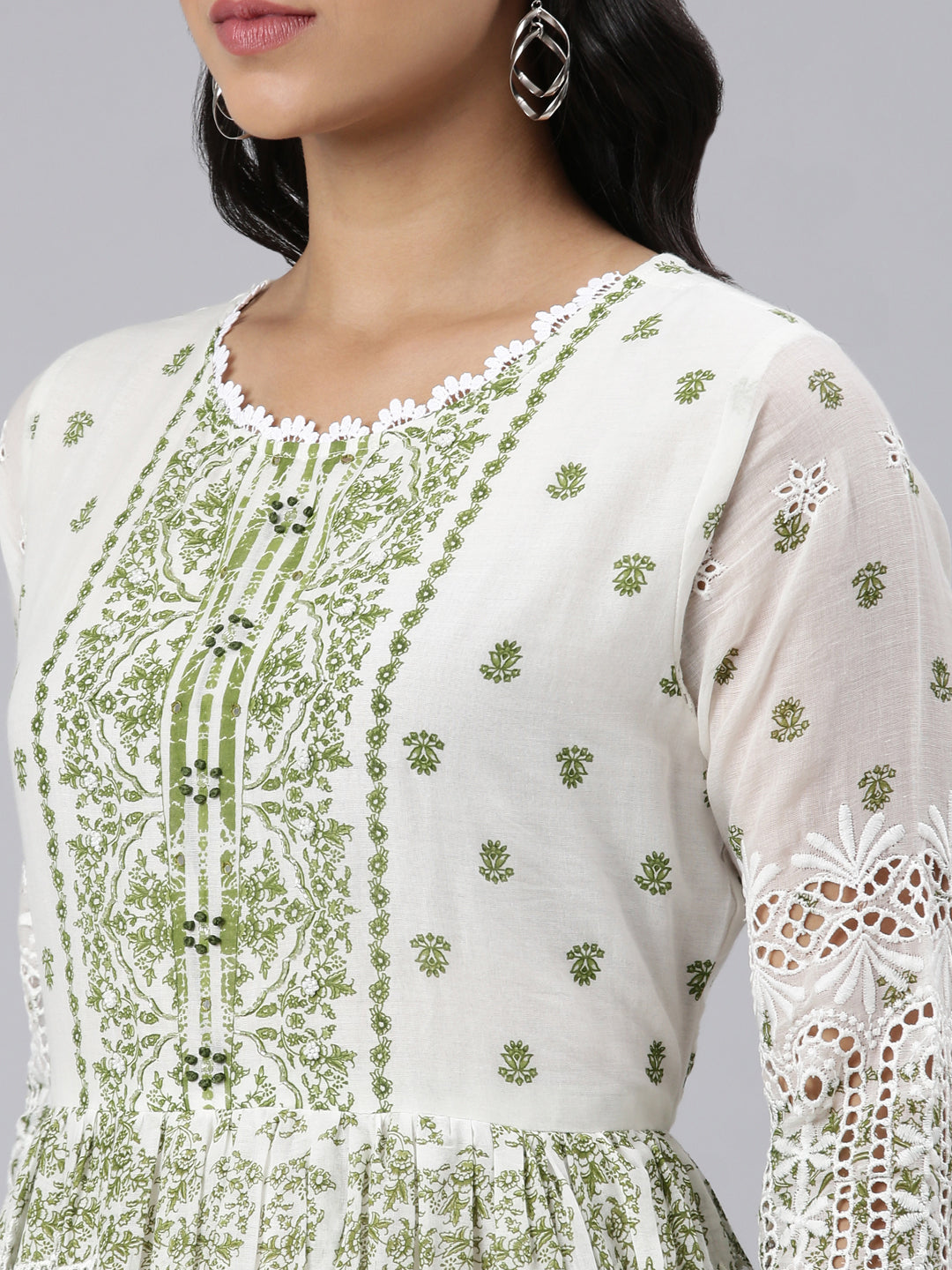 Neerus Green Pleated Curved Printed Kurta and Trousers With Dupatta