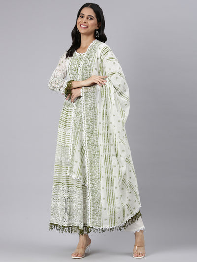 Neerus Green Pleated Curved Printed Kurta and Trousers With Dupatta