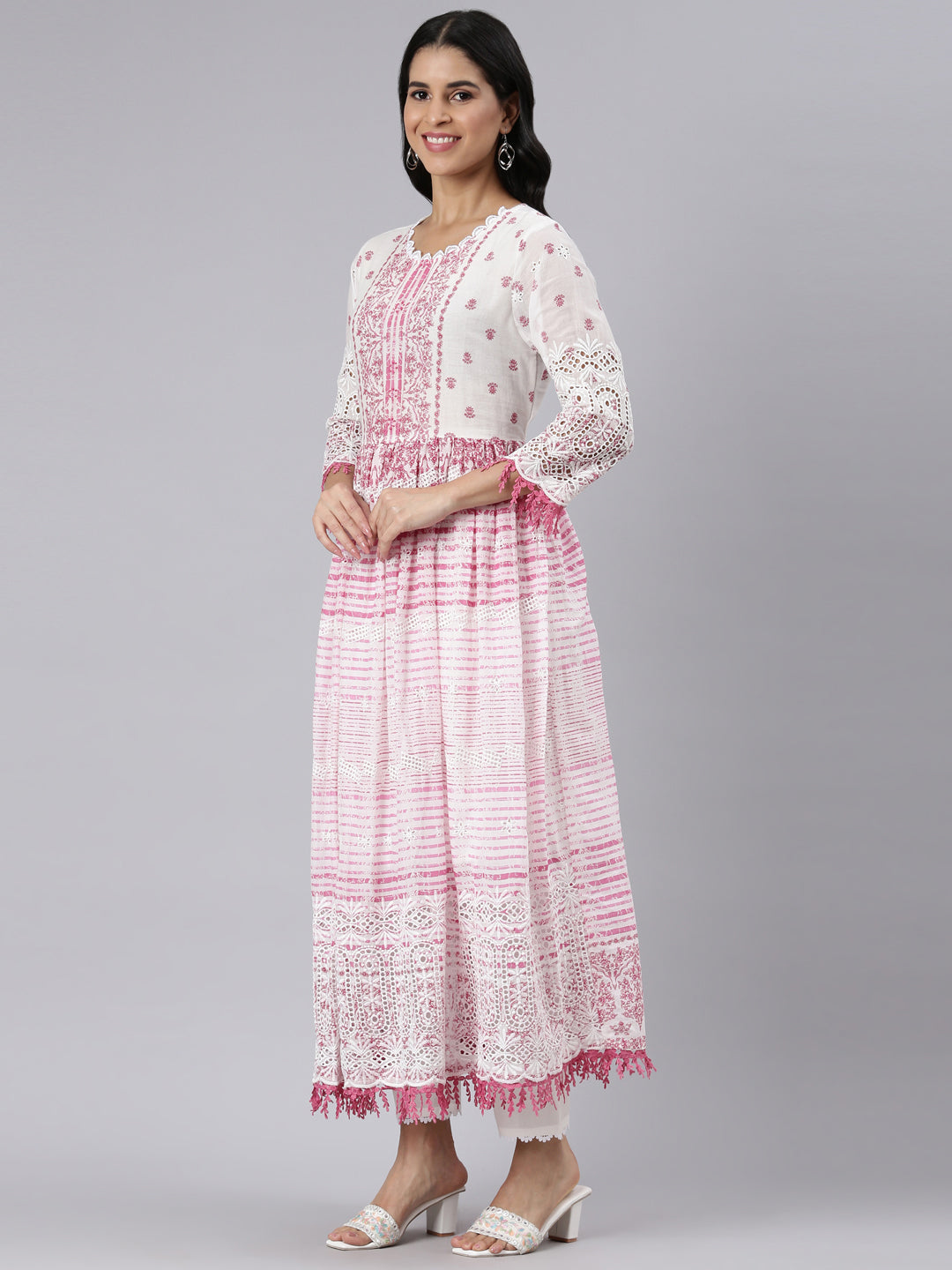 Neerus Pink Pleated Curved Printed Kurta and Trousers With Dupatta