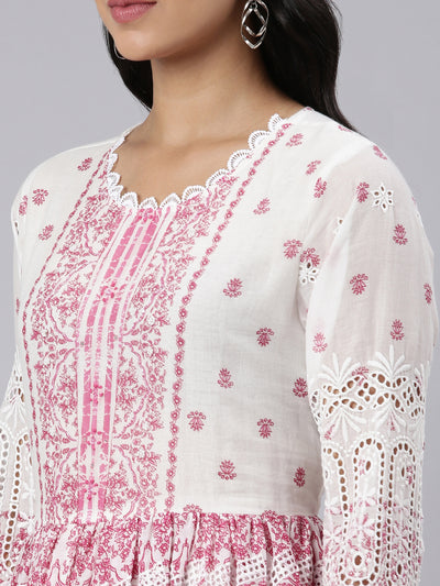 Neerus Pink Pleated Curved Printed Kurta and Trousers With Dupatta