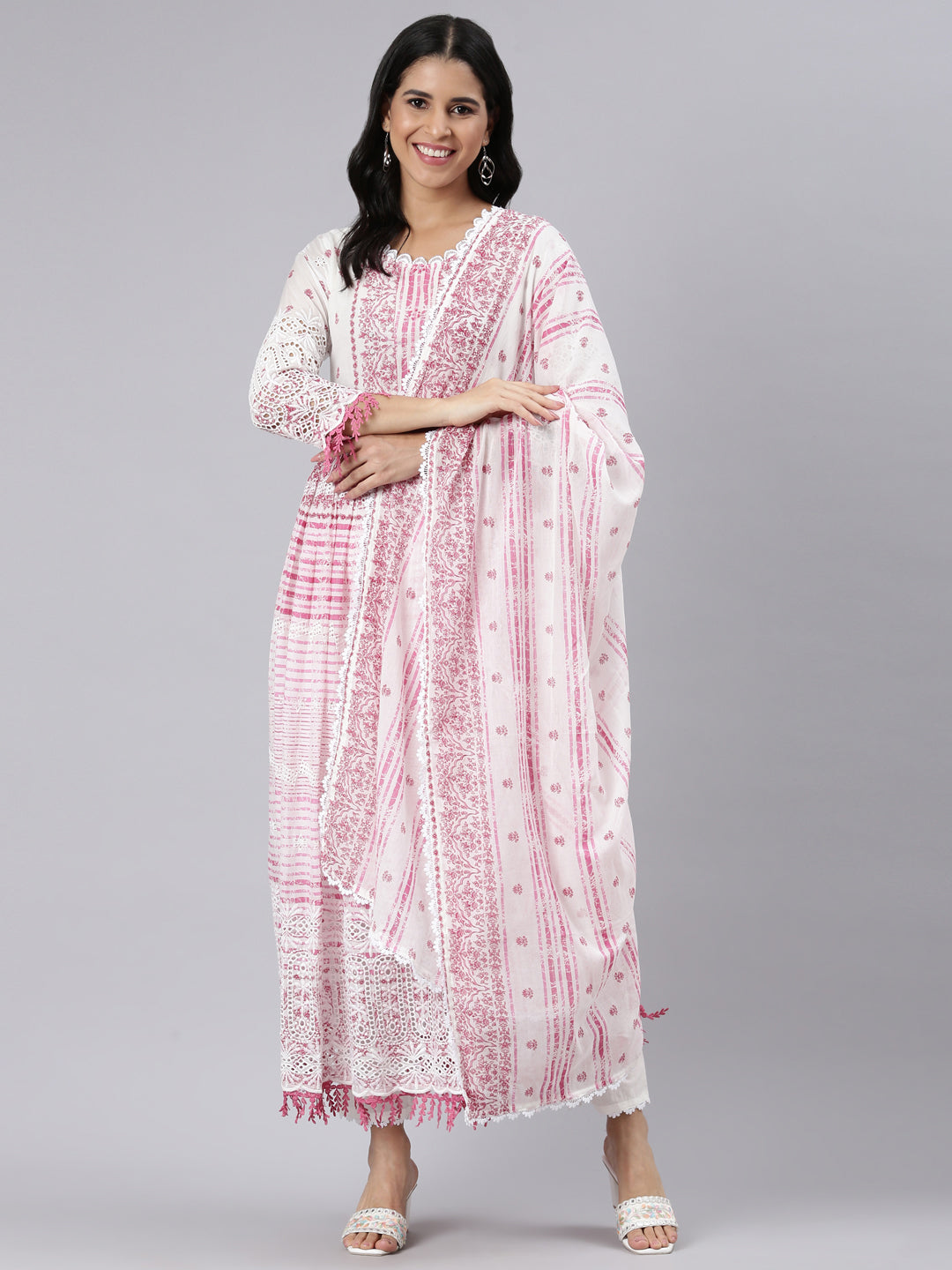 Neerus Pink Pleated Curved Printed Kurta and Trousers With Dupatta