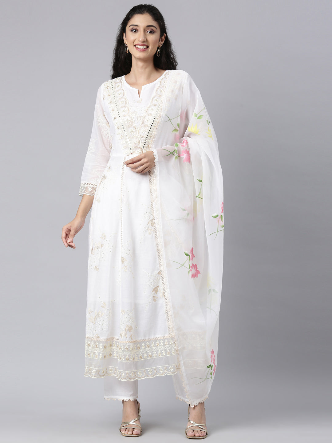 Neerus White Regular Anarkali Kurta and Trousers With Dupatta