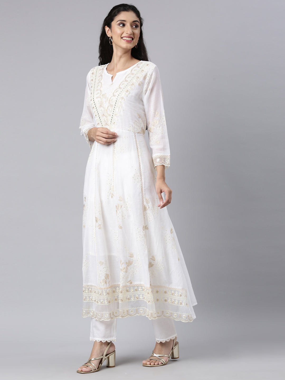 Neerus White Regular Anarkali Kurta and Trousers With Dupatta