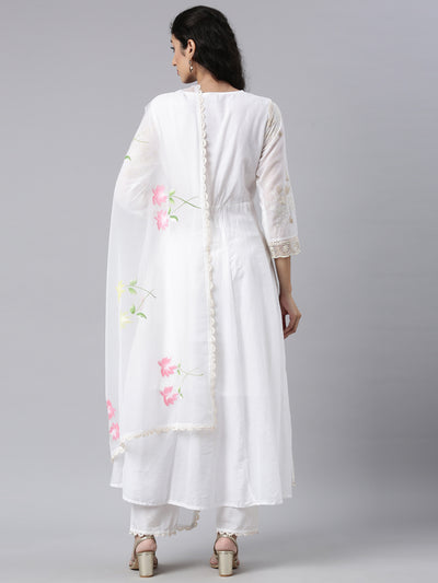 Neerus White Regular Anarkali Kurta and Trousers With Dupatta