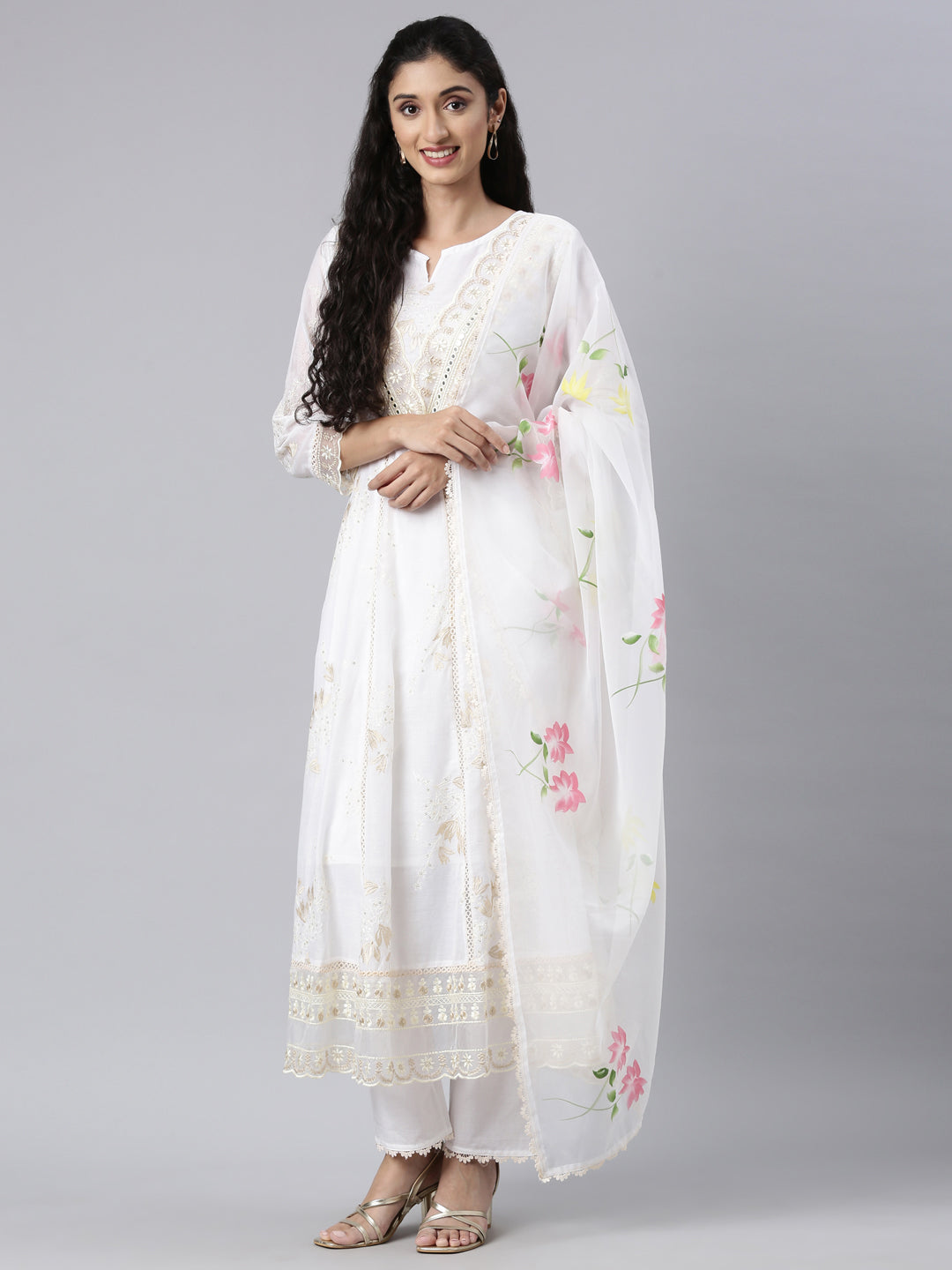 Neerus White Regular Anarkali Kurta and Trousers With Dupatta