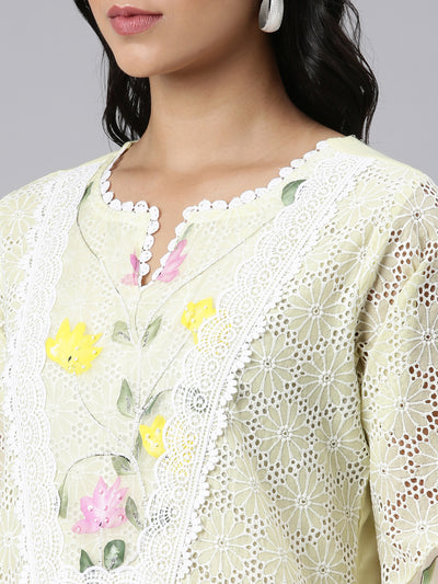 Neerus yellow Regular Scalloped Solid Kurta and Trousers With Dupatta