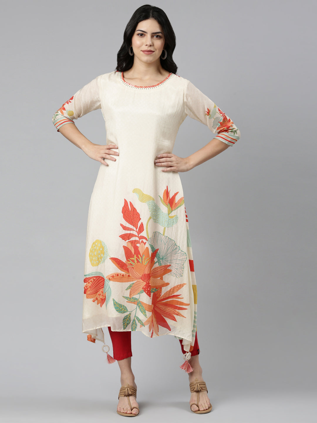 Neeru's Cream Regular A-Line Printed Kurtas