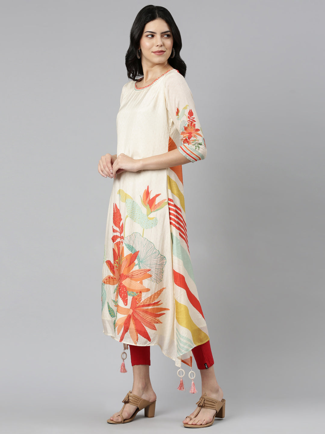 Neeru's Cream Regular A-Line Printed Kurtas