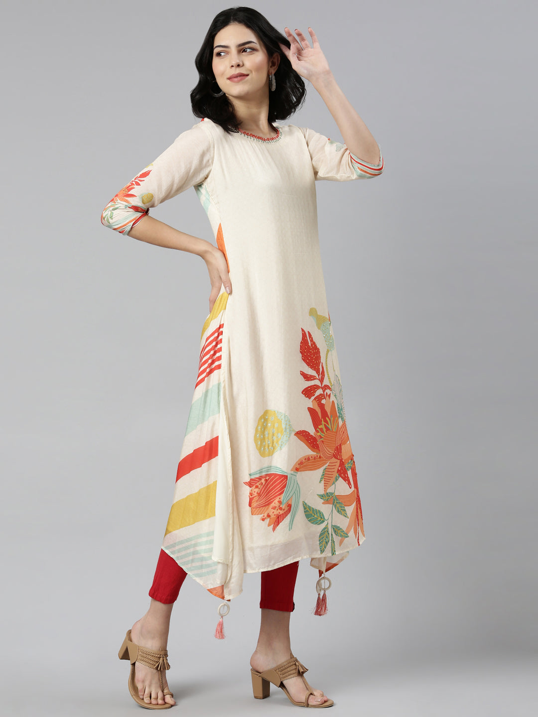 Neeru's Cream Regular A-Line Printed Kurtas