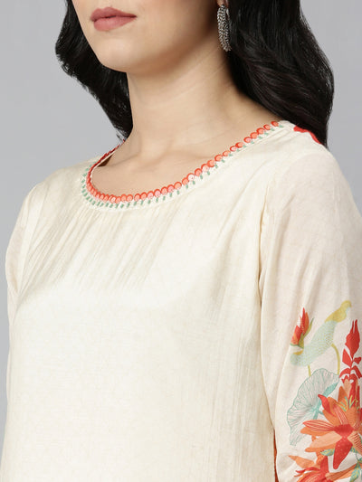 Neeru's Cream Regular A-Line Printed Kurtas