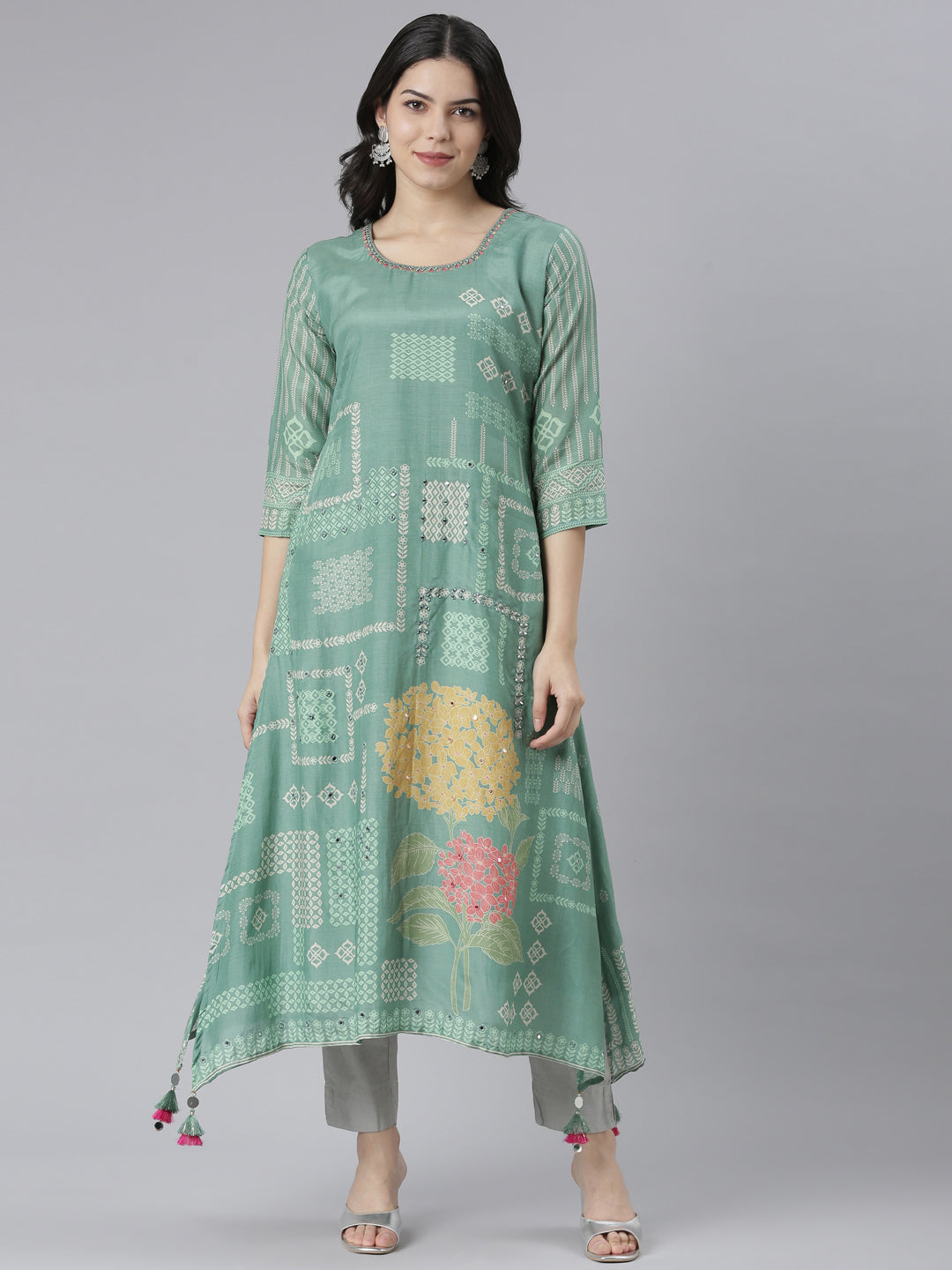 Neeru's Green Regular High-Low Kurtas