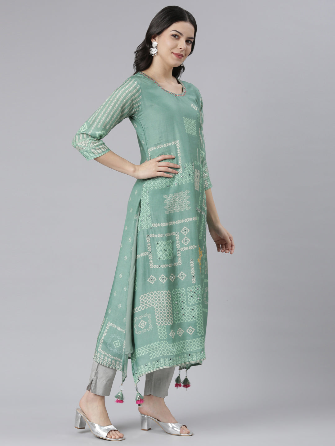 Neeru's Green Regular High-Low Kurtas