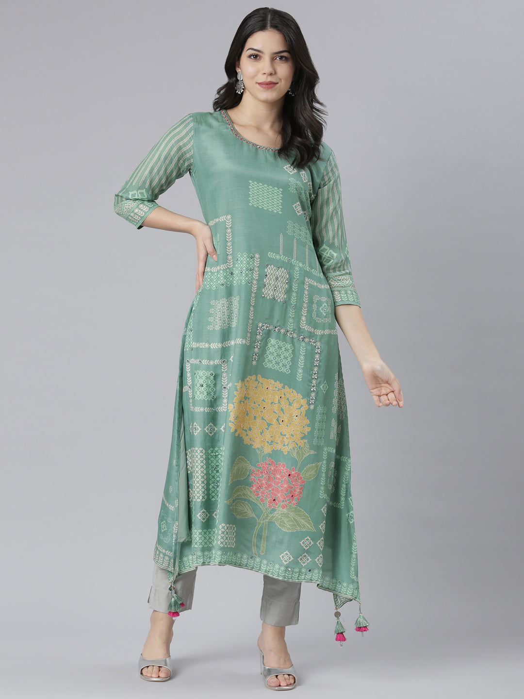 Neeru's Green Regular High-Low Kurtas