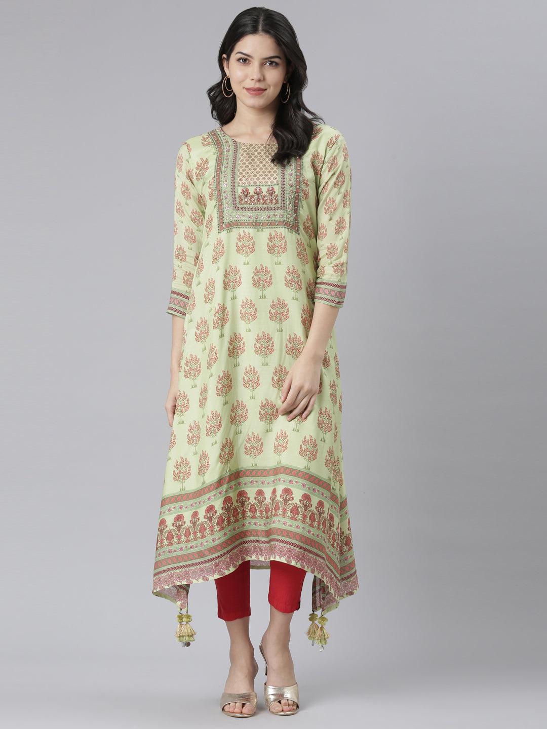 Neeru's Green Regular High-Low Kurtas