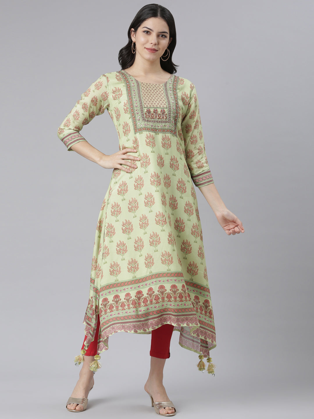 Neeru's Green Regular High-Low Kurtas