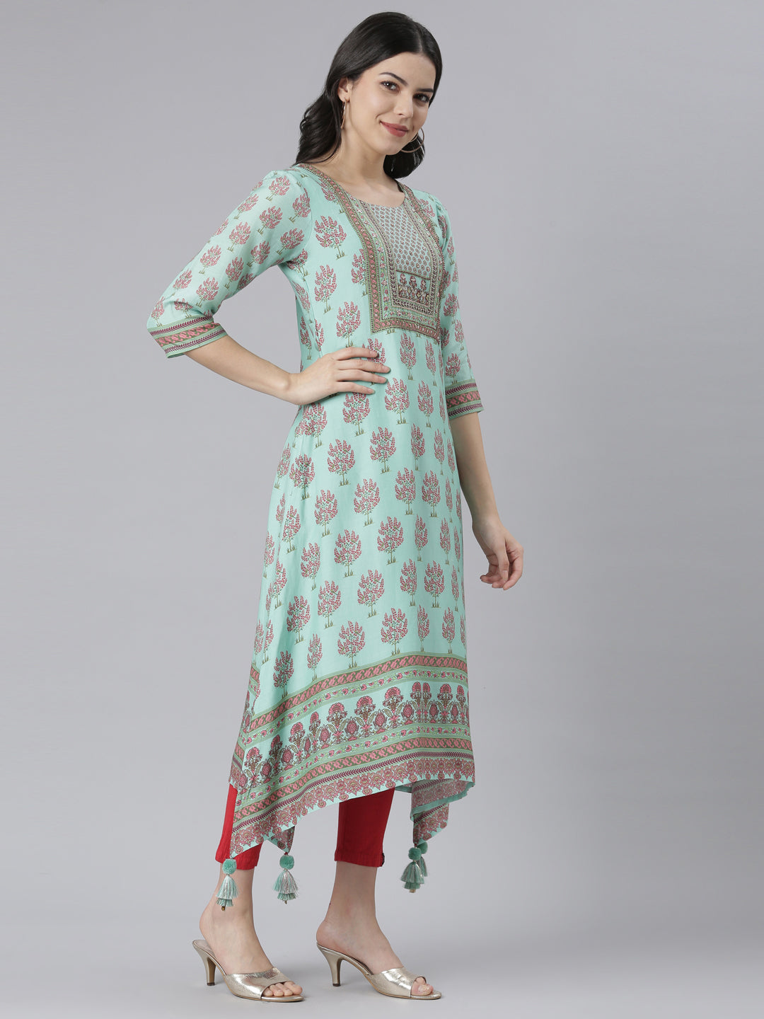 Neeru's Sea Green Regular High-Low Kurtas