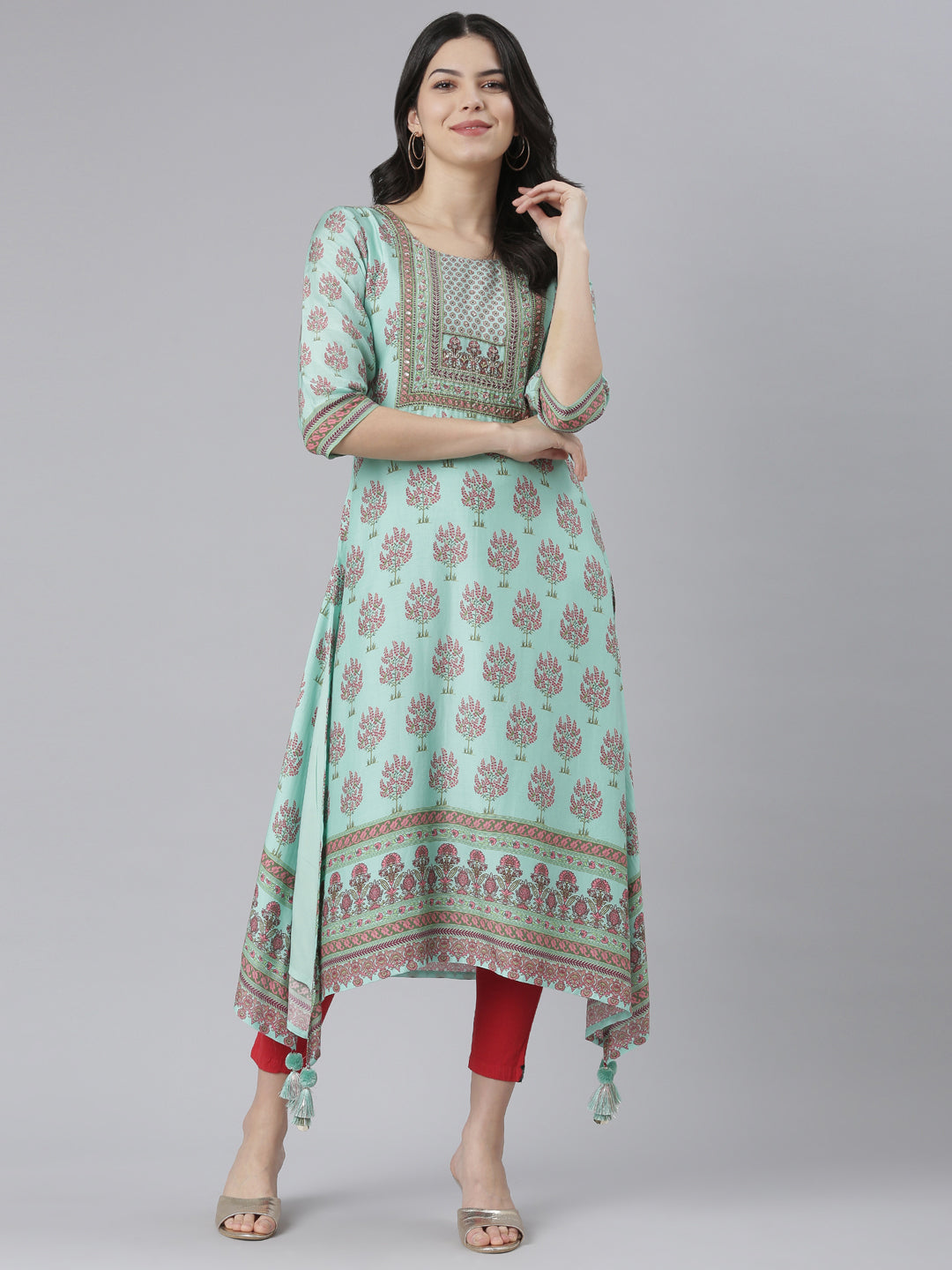 Neeru's Sea Green Regular High-Low Kurtas