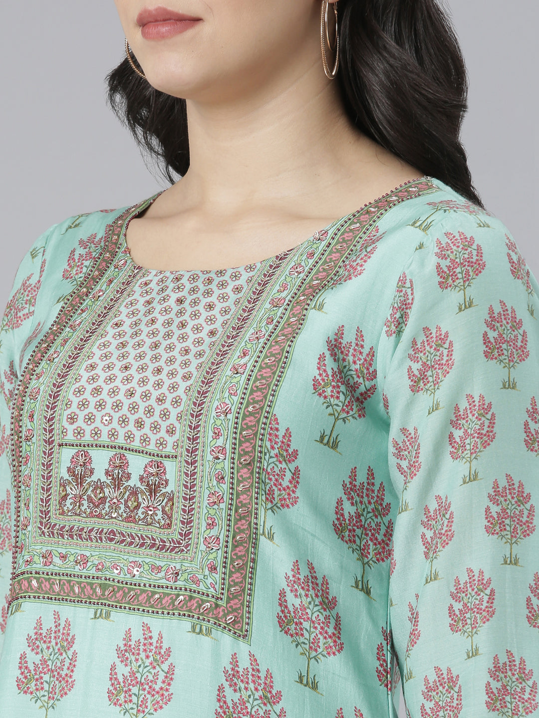 Neeru's Sea Green Regular High-Low Kurtas