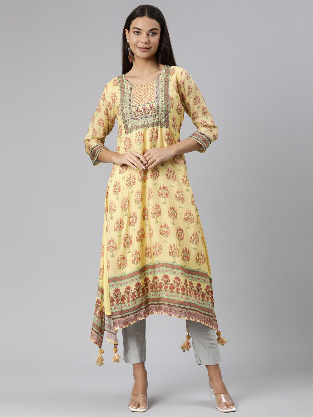 Neeru's Yellow Regular High-Low Kurtas