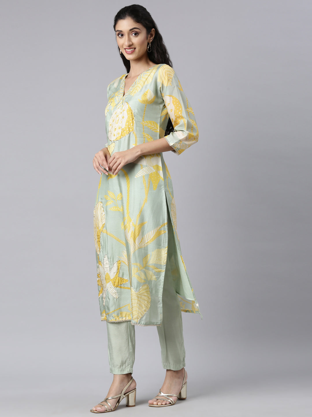 Neerus Green Panelled Straight Kurta and Trousers With Dupatta