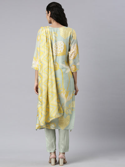 Neerus Green Panelled Straight Kurta and Trousers With Dupatta