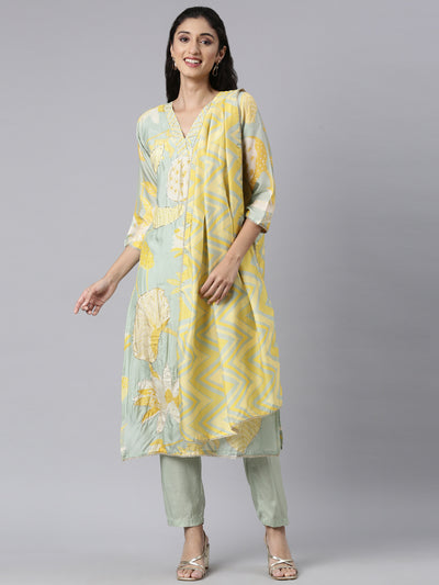 Neerus Green Panelled Straight Kurta and Trousers With Dupatta