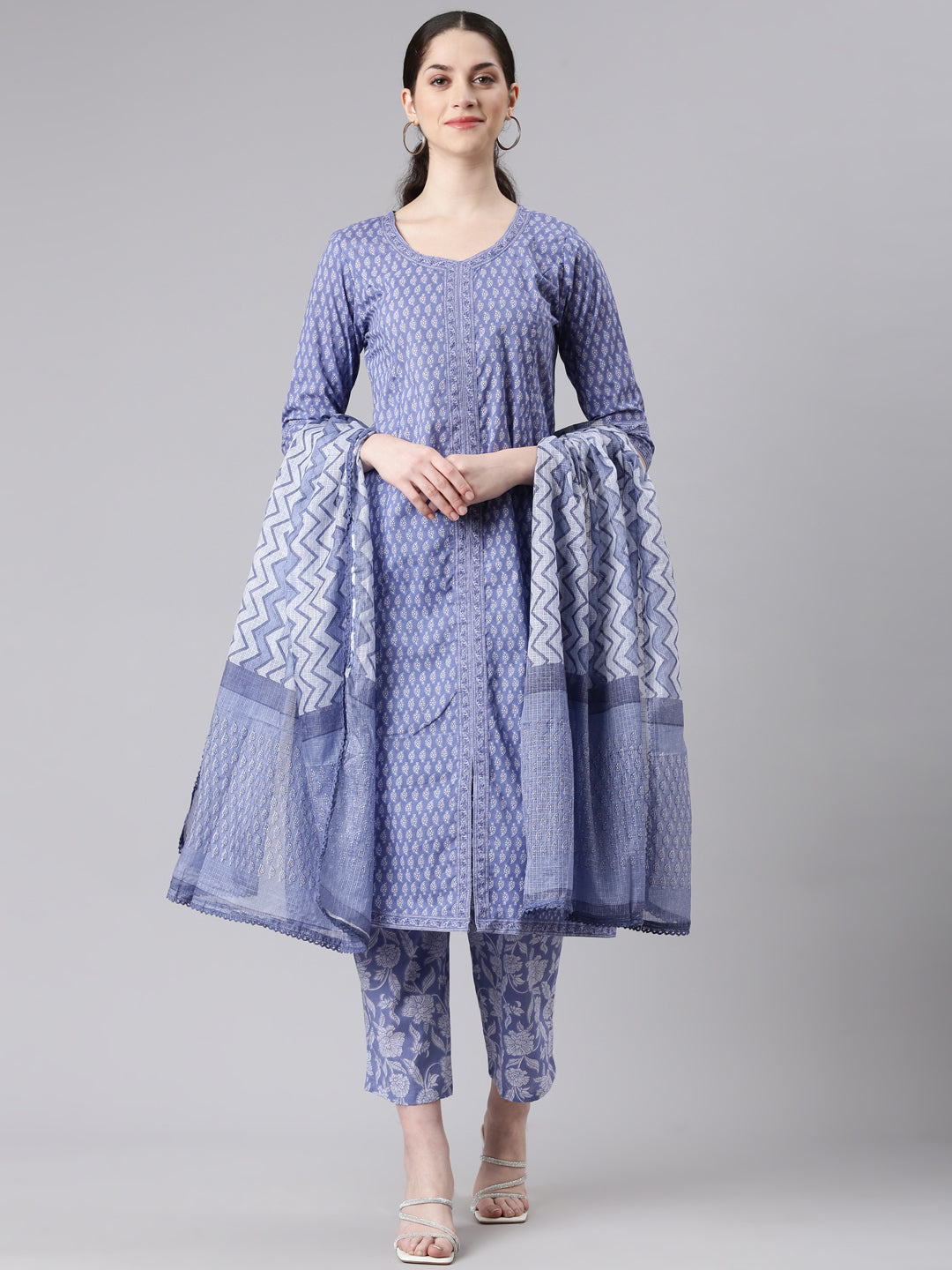 Neerus Women Blue Anarkali Kurta and Trousers With Dupatta