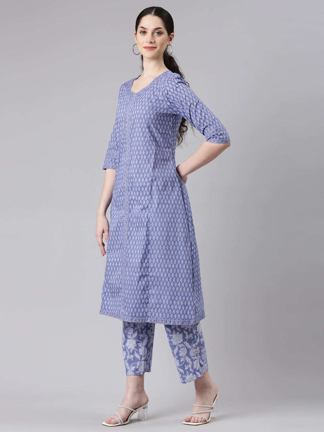 Neerus Women Blue Anarkali Kurta and Trousers With Dupatta