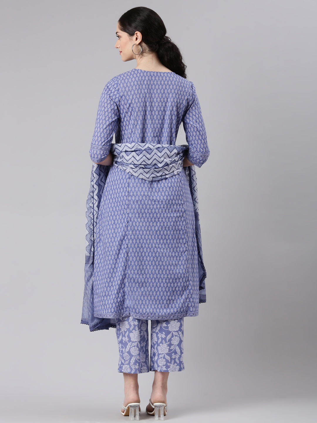 Neerus Women Blue Anarkali Kurta and Trousers With Dupatta