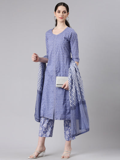 Neerus Women Blue Anarkali Kurta and Trousers With Dupatta