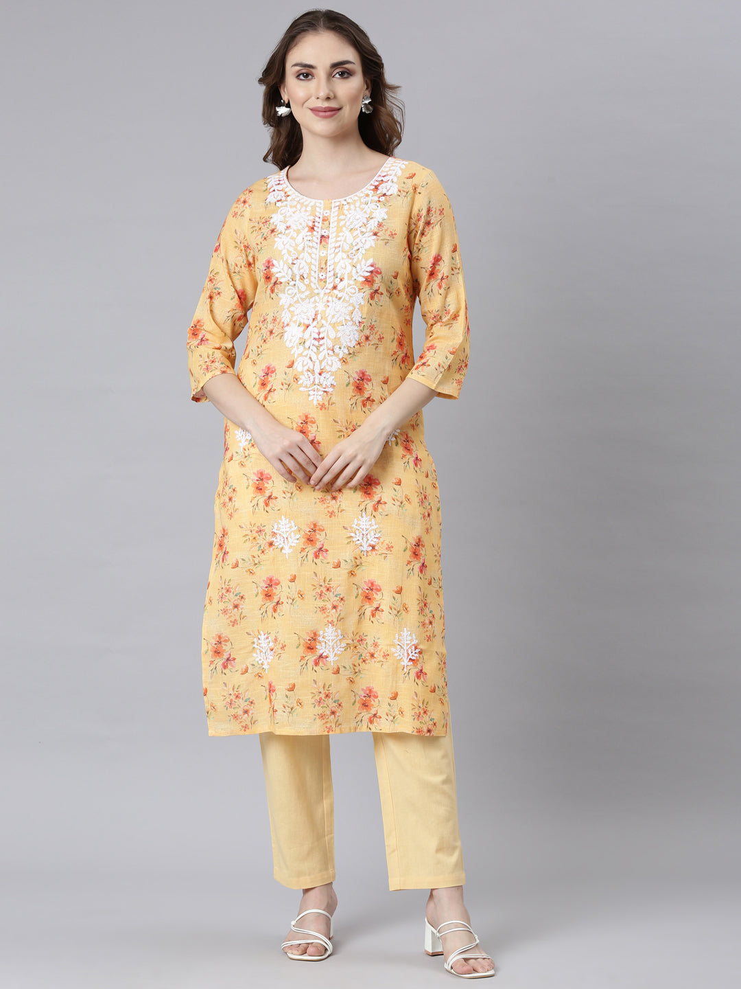 Neerus Multicolor Panelled Straight Floral Kurta And Trousers