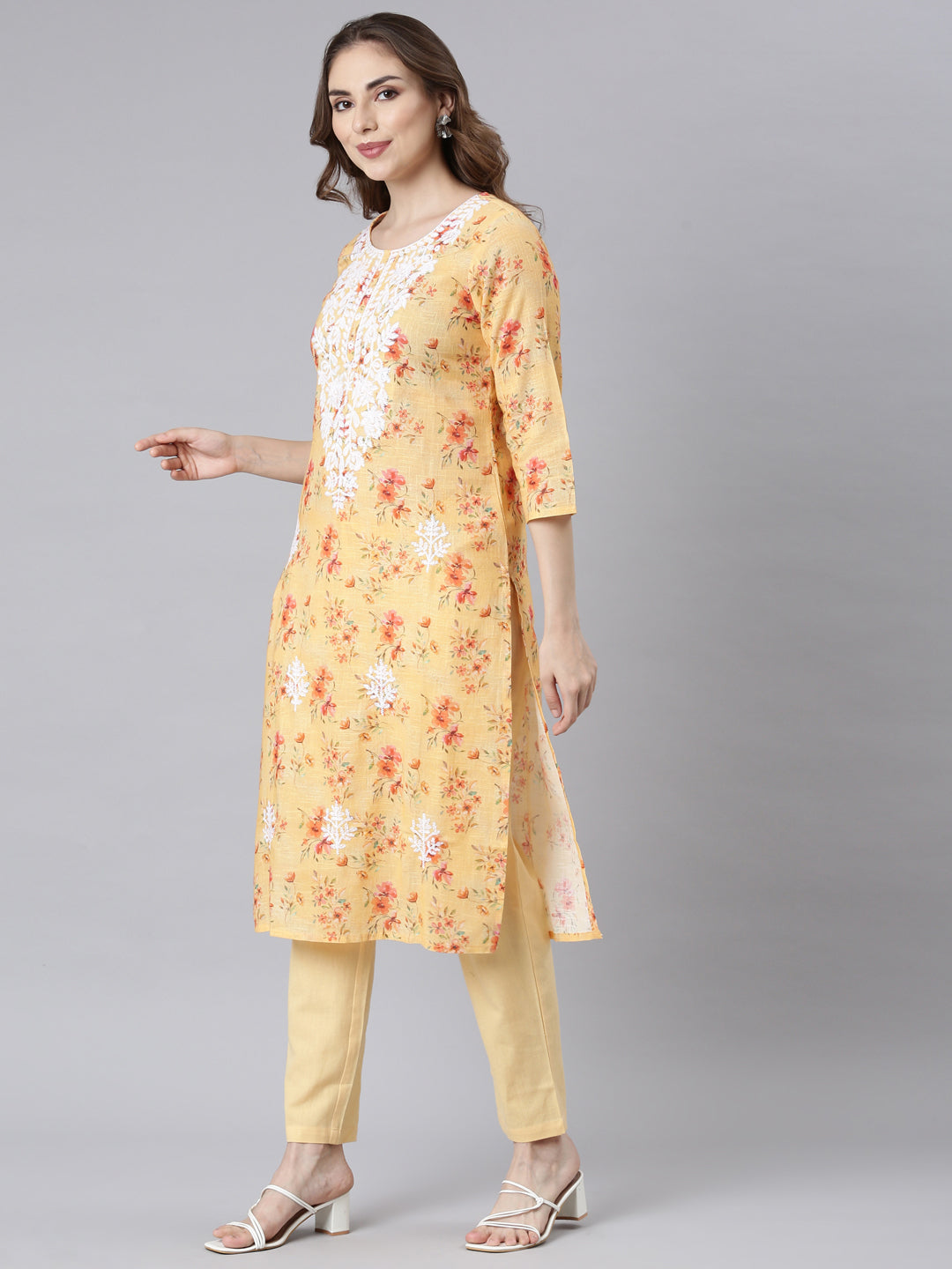 Neerus Multicolor Panelled Straight Floral Kurta And Trousers