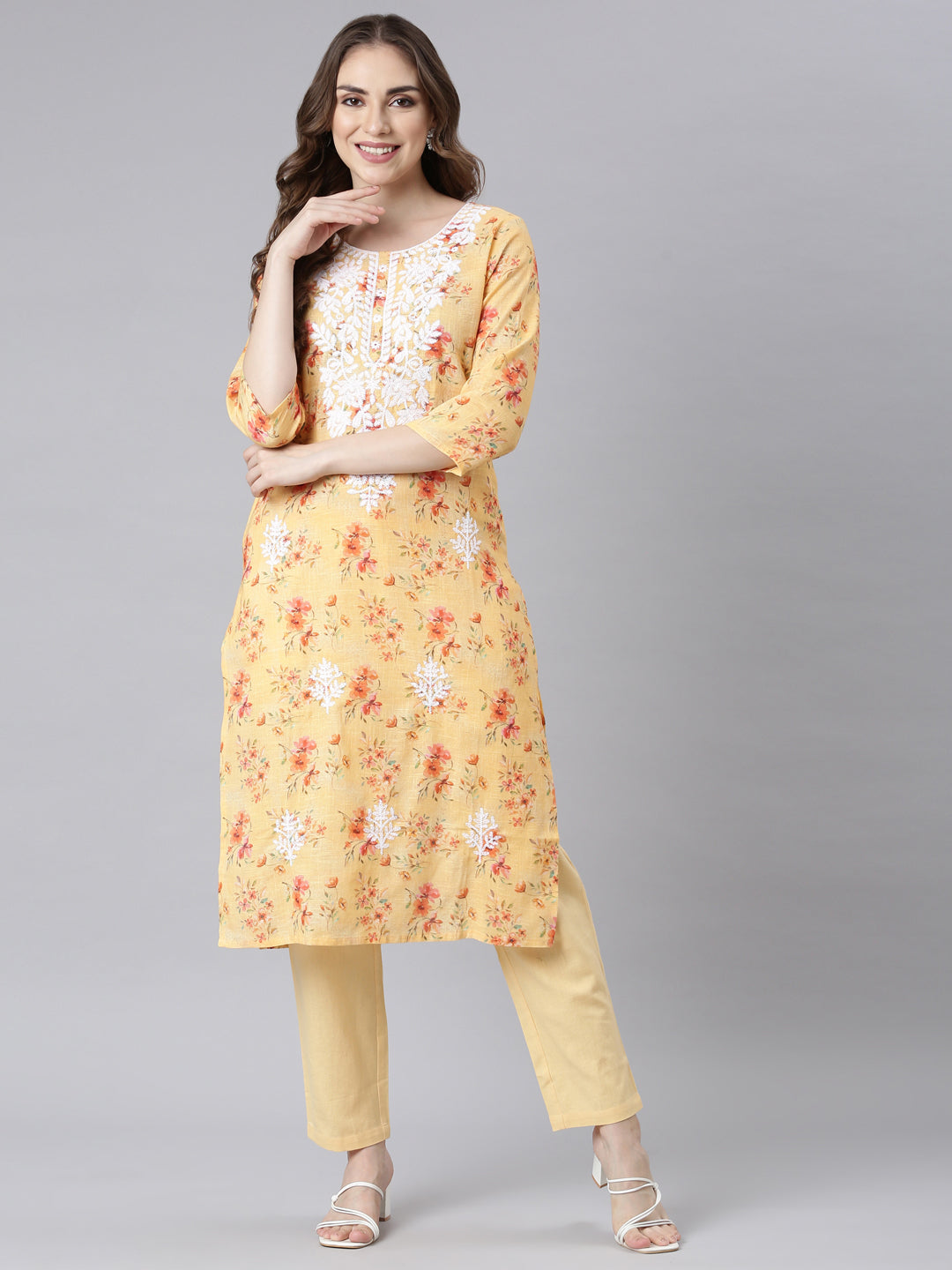 Neerus Multicolor Panelled Straight Floral Kurta And Trousers