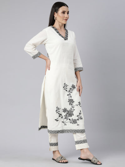 Neerus Cream Regular Straight Floral Kurta And  Trousers